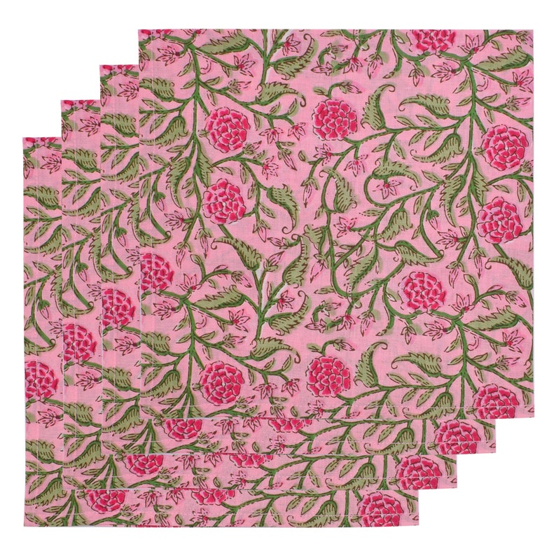 Serviettes indiennes roses et vertes en tissu de coton, motif floral THOHAT, événements de mariage, fête à la maison, 9 x 9 pouces cocktail 20 x 20 pouces dîner toutes tailles image 3