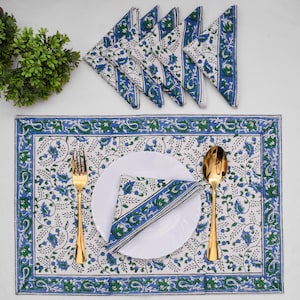 Mats with napkins Cobalt Blue and Green Bordered Hand Block Printed Cotton Canvas Table Placemats and Matching Napkins Set for Weddings gift