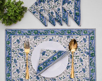 Hand Block Printed Placemats and Napkins: Cobalt Blue Floral Cotton Set