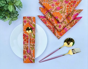 Lindos guardanapos laranja estampados à mão com estampa floral e cores de outono, acessórios de mesa, decoração de Halloween, toalhas de mesa de linho