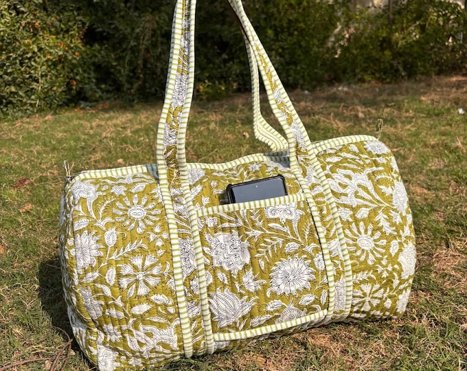 Handmade Limerick Green Floral Quilted Duffle Bag: Cotton Travel Gym Bag with name on the bag