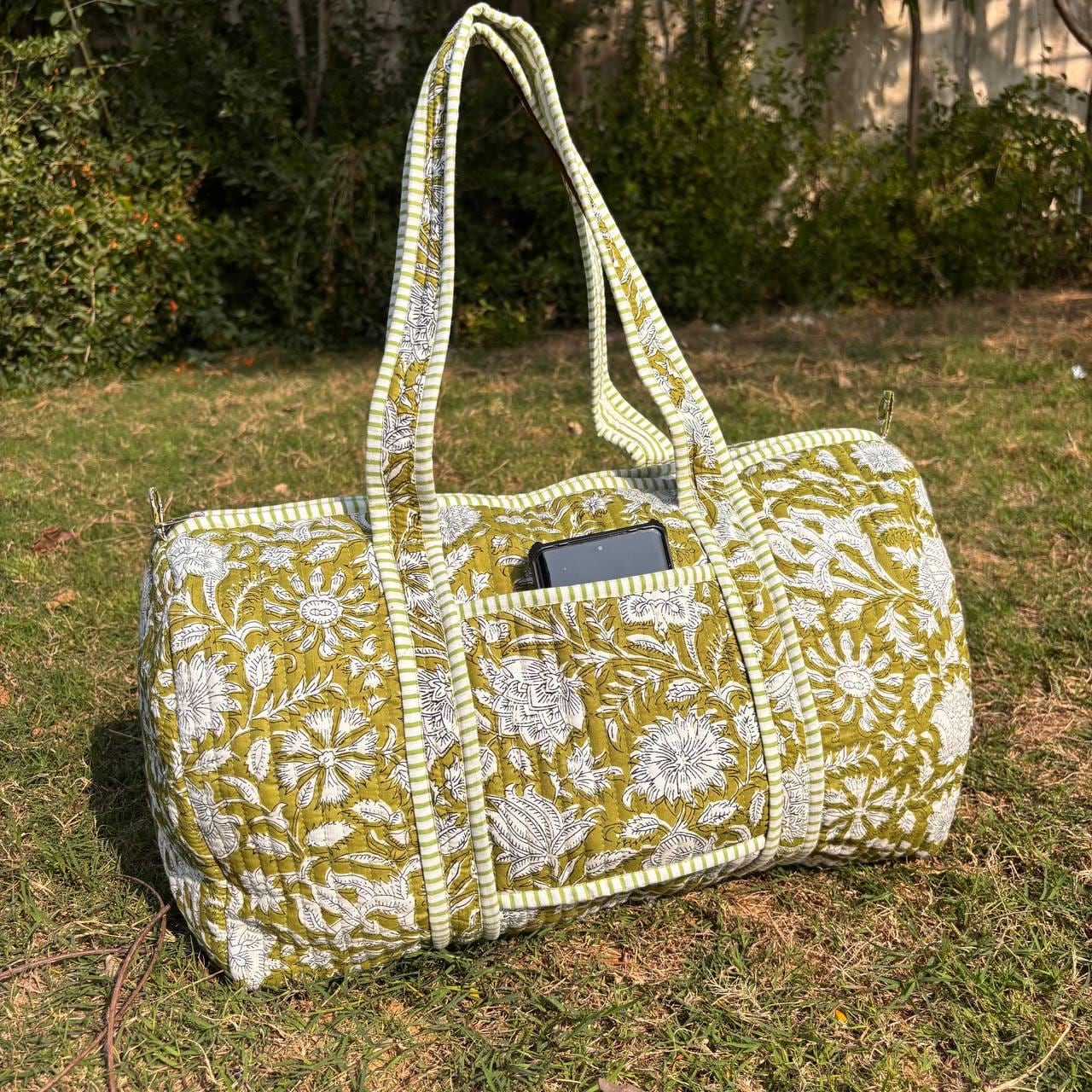 Handmade Limerick Green Floral Quilted Duffle Bag: Cotton Travel Gym Bag with name on the bag