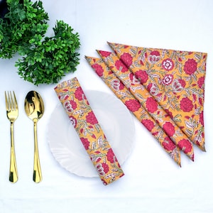 Mustard And Pink Indian Hand Block Floral THOHAT Cotton linen Cloth Napkins,Wedding Events Home Party,9x9Cocktail 20x20Dinner All Sizes image 1