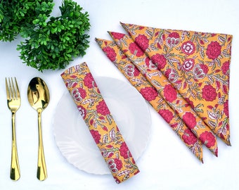Guardanapos de mesa de pano impressos em bloco de mão floral mostarda e rosa - 100% algodão, feitos à mão, decoração de jantar colorida, presentes personalizados