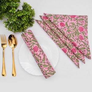 Pink and Green Floral Hand Block Printed Cotton Napkins for weddings, baby showers, bridal showers, gifts, custom events, personalized items