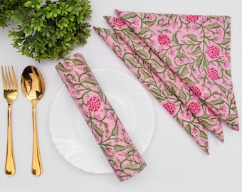 Tovaglioli di stoffa di cotone THOHAT floreali a blocchi indiani rosa e verdi, eventi di nozze, feste a casa, 9x9"- Cocktail 20x20"- Cena, tutte le dimensioni