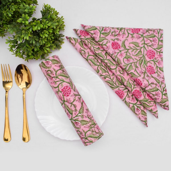 Pink And Green Indian Hand Block Floral THOHAT Cotton Cloth Napkins, Wedding Events Home Party, 9x9"- Cocktail 20x20"- Dinner All Sizes