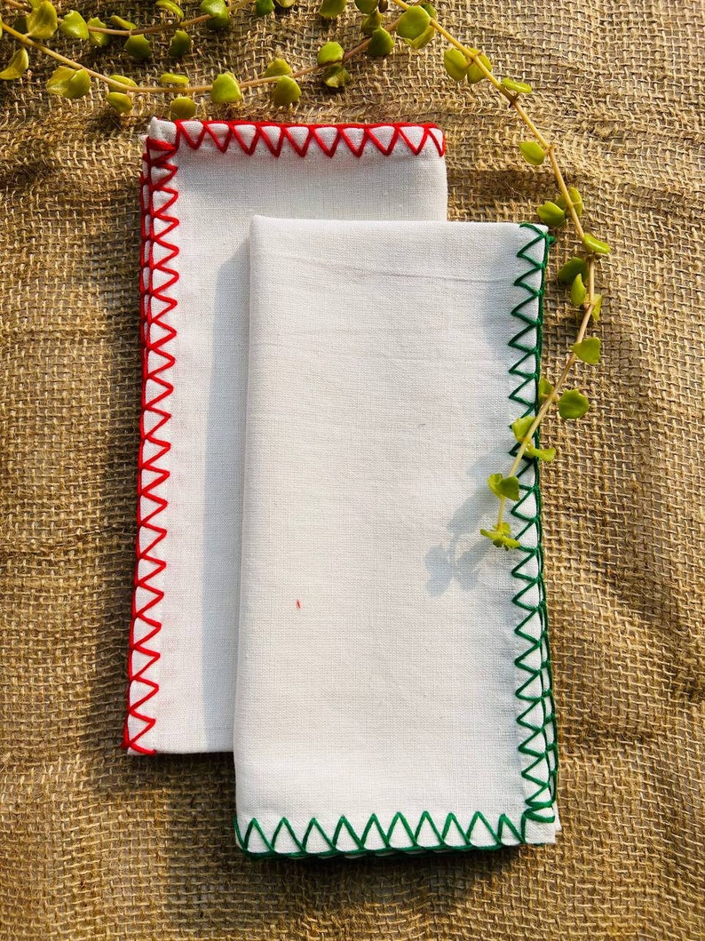 Christmas Indian Hand Embroidery Cotton Cloth Napkins, Wedding Events, Home Party, Christmas gifts, Dinner Gifts Red and green All sizes image 3