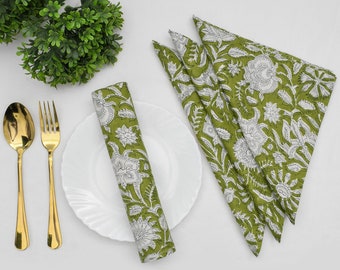 Guardanapos de mesa de pano impressos em bloco de mão floral verde de papagaio artesanal, decoração de casa e cozinha, casamento, festa, itens exclusivos, presente de Halloween