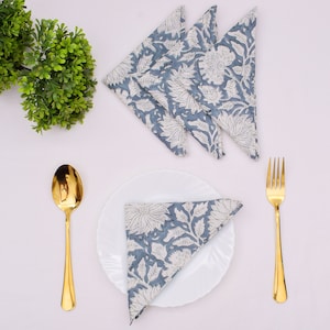 Cobalt Blue Floral Cotton Napkins: Hand Block Printed Table Decor