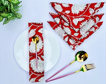 Handmade Red Floral Block Print Napkins: Cotton Table Decor