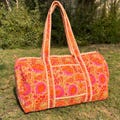 Large Orange pink Cotton Quilted Duffle Bags Block print Gifts Handmade Colorful Travel night Travel Gym Yoga Luggage pocket 18x9x9 inches product logo