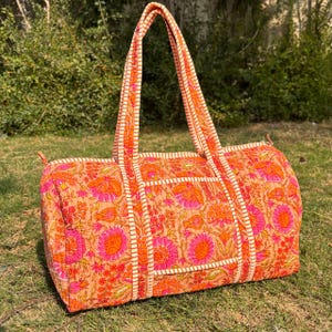 Grand Sac Duffel en Coton Matelassé Orange Rose Bloc Imprimé Cadeaux Faits Main Coloré Voyage Sac de Voyage Sac de Gym Shopping Yoga Sac ave