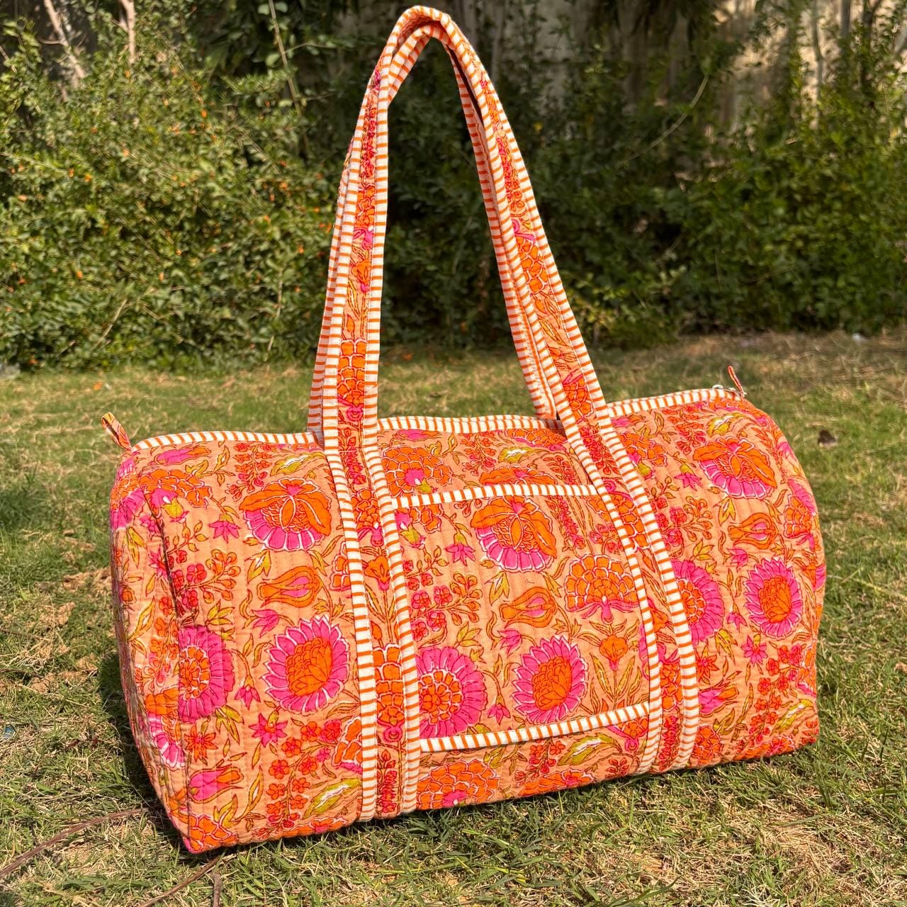 Große Orange Rosa Baumwolle Gesteppte Seesack Block Druck Geschenke Handgemacht Bunte Reise Nacht Reise Fitnessstudio Yoga Gepäck Tasche 18x9x9 Zoll