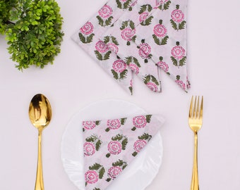 White and  Pink Handblock Print Table Napkins for Dining Table Kitchen Wedding Everyday ,thanks giving Napkin All Sizes-Pure 100% Cotton