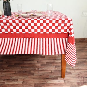 Mantel de algodón ghingham estampado a mano en rojo para eventos, fiestas y uso diario, mantel personalizado, mantel de Acción de Gracias, mantel de Navidad.