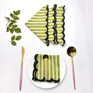 Hand Block Printed Stripe Napkins: Embroidered Scallop Edge, Sustainable Cotton