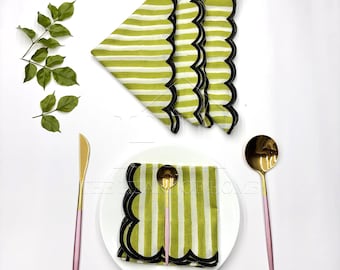 Hand Block Printed Stripe Napkins: Embroidered Scallop Edge, Sustainable Cotton