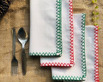 Christmas Indian Hand Embroidery Cotton Cloth Napkins, Wedding Events, Home Party, Christmas gifts, Dinner Gifts Red and green - All sizes