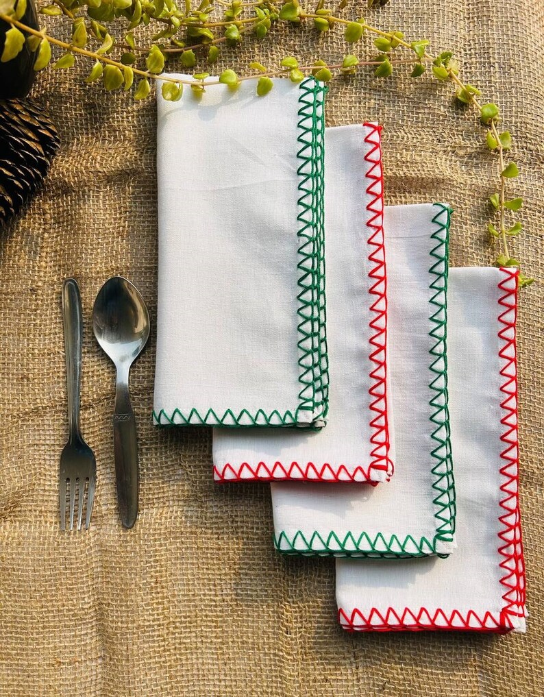 Christmas Indian Hand Embroidery Cotton Cloth Napkins, Wedding Events, Home Party, Christmas gifts, Dinner Gifts Red and green All sizes image 1