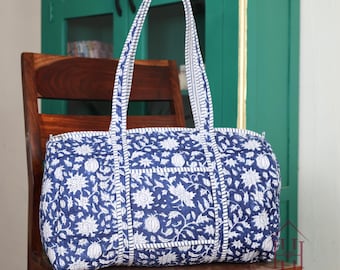 Bolsas de lona grandes acolchadas de algodón azul real con estampado de bloques, hechas a mano, coloridas, para viajes nocturnos, gimnasios, yoga, equipaje de bolsillo, 18 x 9 x 9 pulgadas