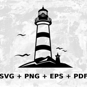 May include: Black and white silhouette of a lighthouse with a small building at its base. The lighthouse has a tall, cylindrical tower with a striped pattern and a small, domed roof. The lighthouse is set against a white, textured background.