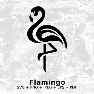 Könnte beinhalten: Schwarz-weiße Silhouette eines Flamingos mit einem in Herzform gebogenen Hals. Der Flamingo steht auf einem Bein. Das Bild ist auf weißem Hintergrund mit einer strukturierten Optik.