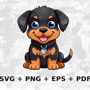 Cartoon Rottweiler Dog Svg Png Eps, Grafica vettoriale clipart per uso commerciale per arte della parete, T-shirt, sublimazione, stampa su richiesta