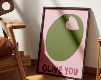 Olive You Wall Art, Pink Olive Print, Maximalist Kitchen, I Love You Art Print, Food Art Kitchen Decor, Pop Art Food Print, Cute Olive Print