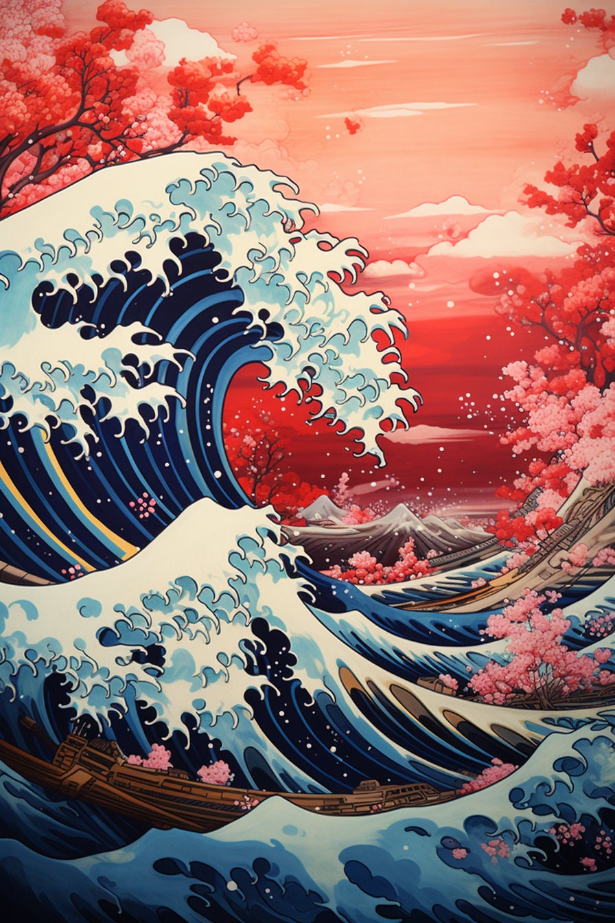 The Great Wave With Cherry Blossom, Japan, Art, Canvas The Great Wave With Cherry Blossom, Japan, Art, Canvas