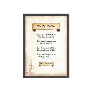 Edgar Allah Poe Print, Mothers day Gift, Poem Print, Vintage Paper Poem, 3 sizes Included, Digital Download, Famous Poems, Gift For Mom