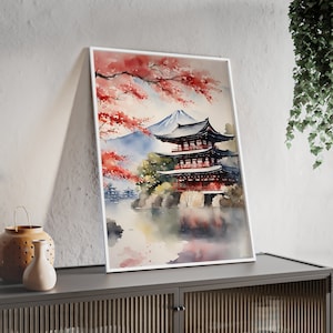 Chinoiserie Wall Art Cherry Blossoms Pagoda Print, Japanese Art, Oriental Art, 5 Sizes Included, Oriental decor, Watercolour Art
