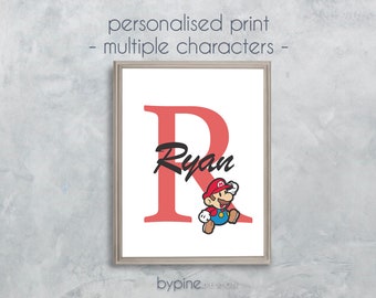 Personalised Mario Name Print Mario Luigi Bowser Print Instant Art Digital Download Kids Bedroom Nursery Wall Office Gift Idea
