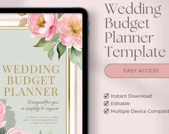 Könnte beinhalten: Eine digitale Hochzeitsbudgetplaner-Vorlage auf einem Tablet. Das Design zeigt rosa Blumenakzente und goldfarbene Verzierungen. Der Text enthält "Wedding Budget Planner Template" und "Easy Access".