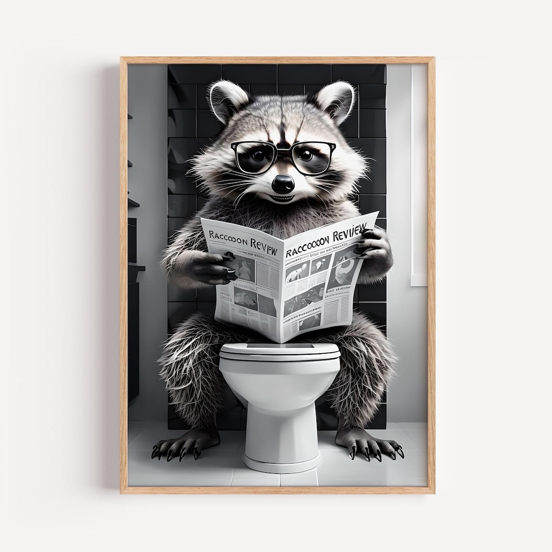 Printable Raccoon Sitting on the Toilet Reading a Newspaper, Funny ...