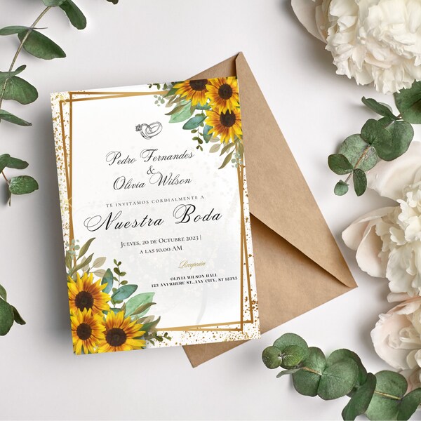 invitaciones de boda, flores amarillas, invitación de girasol, plantilla canva, invitación editable