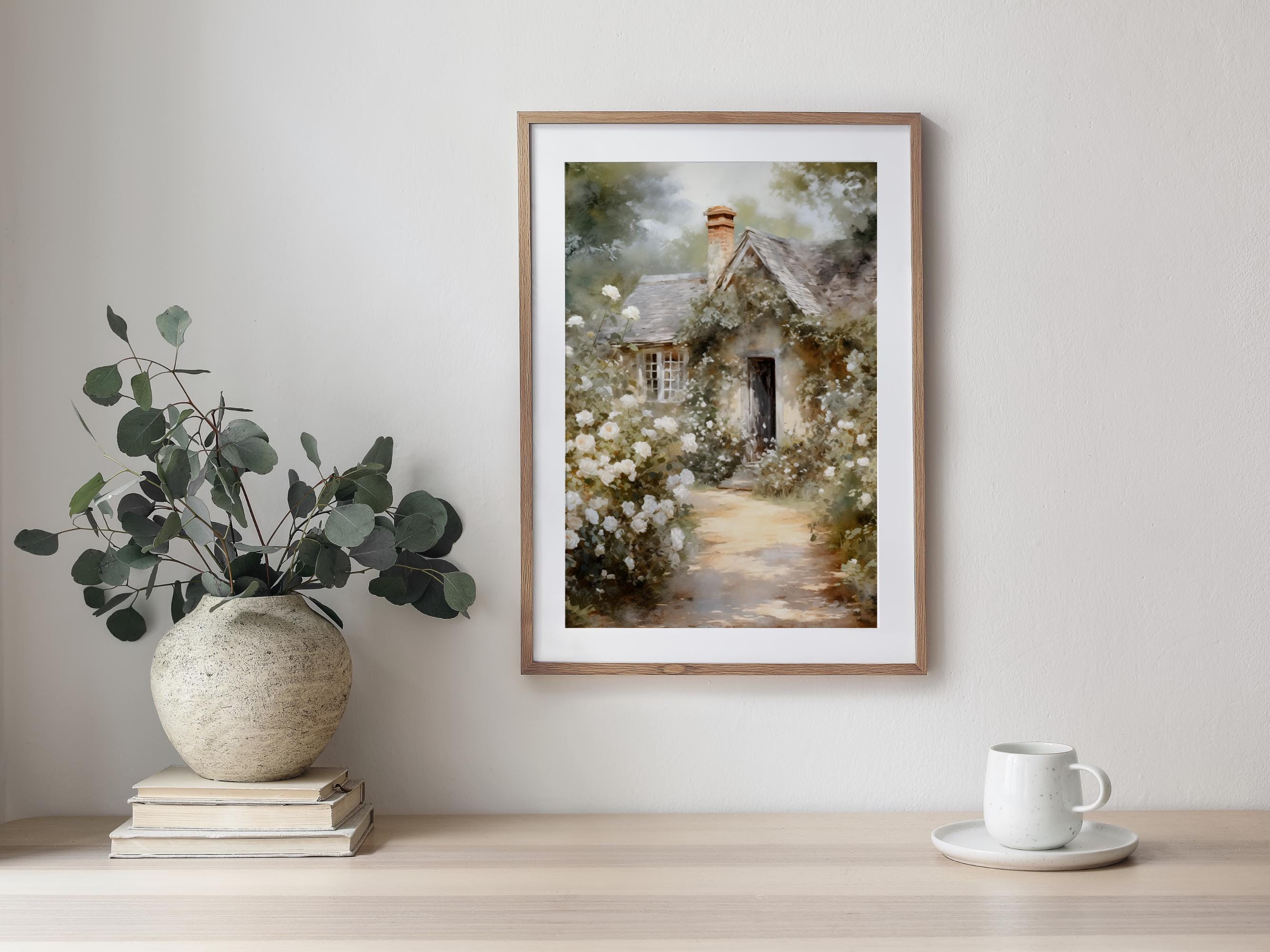 Cottage Rose Garden Art Print, Country Farmhouse Oil Painting, Neutral ...