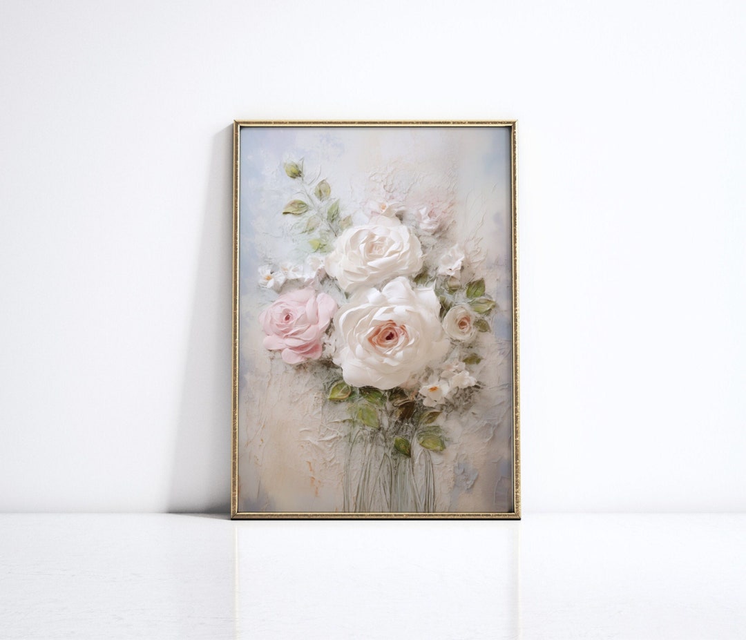 Vintage Rose Bouquet Wall Art Print, Soft Floral Pastel Painting ...
