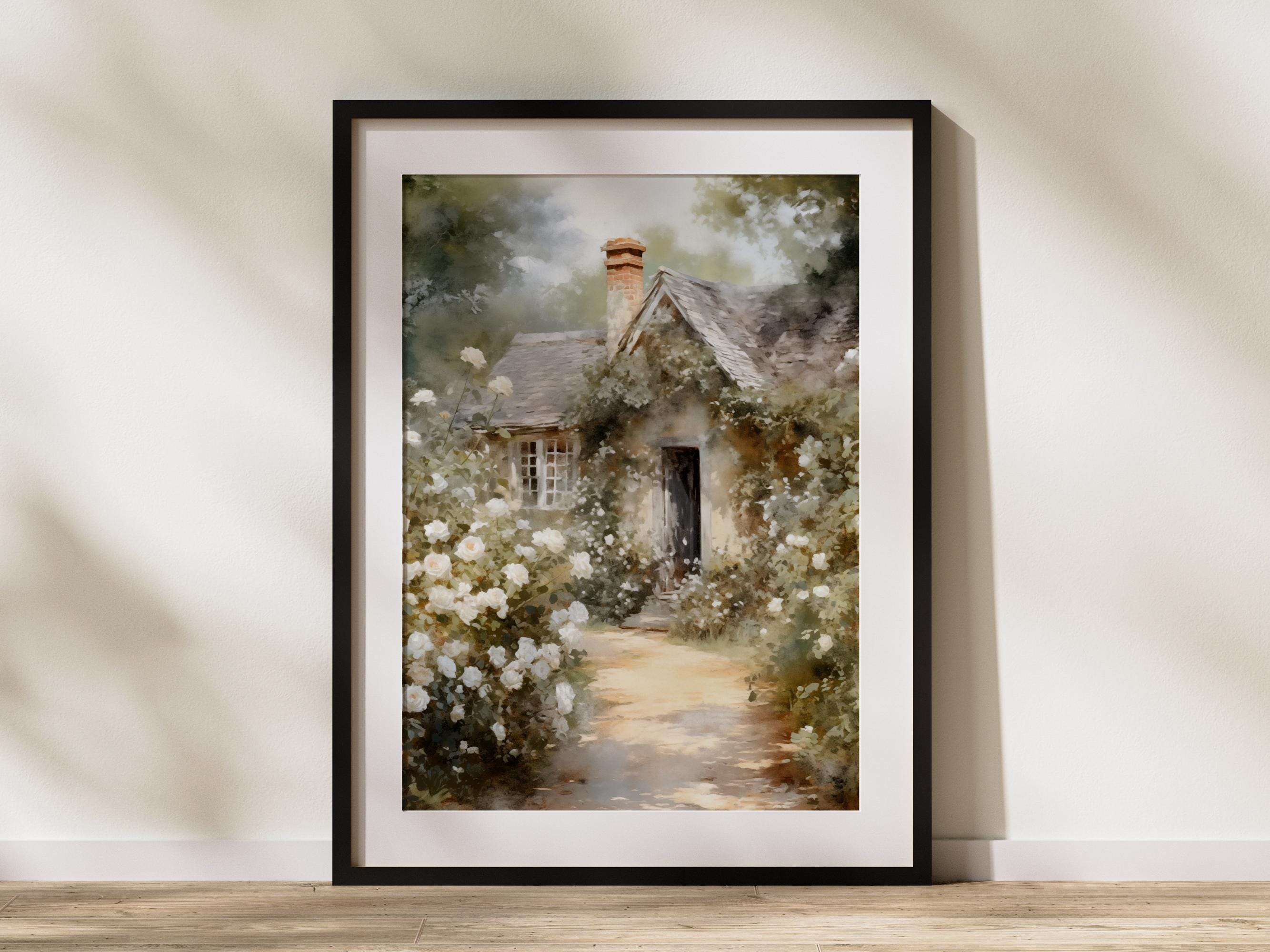 Cottage Rose Garden Art Print, Country Farmhouse Oil Painting, Neutral ...