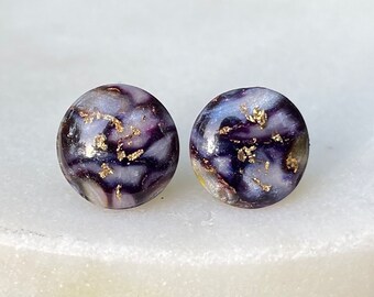 Purple-gold stud earrings, handmade jewelry, hypoallergenic stainless steel, elegant stone jewelry, for her, purple marble structure, gift