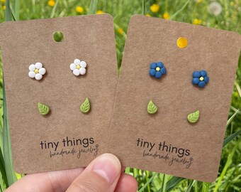 Tiny Garden stud earring set | dark blue & white flowers | handmade jewelry | cute gift idea for girls | hypoallergenic stainless steel