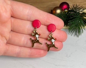 cute Christmas earrings Rudolf, handmade jewelry gold, hypoallergenic earrings, gift for her, Christmas gift, for girlfriend