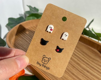Halloween earrings | Ghosts and cats | Mini stud earrings | Hypoallergenic stainless steel | Handmade jewelry | Autumn earrings | Miniature