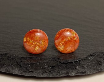 Gold-red marbled stud earrings, handmade jewelry, hypoallergenic stainless steel, elegant stud earrings with structure, for her, as a gift