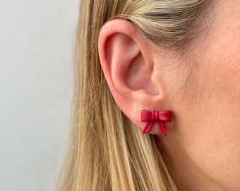 Small red bow stud earrings