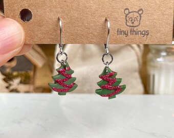 Christmas earrings | Green fir trees with tinsel | Handmade jewelry | Hypoallergenic stainless steel | Christmas gift