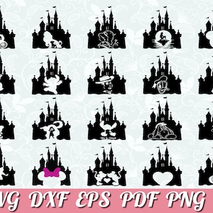Paquete de svg de castillo, svg de princesa, imágenes prediseñadas de castillo, ratón Mickey de cabeza de corazón, svg de reino mágico, archivos cortados para silueta de cricut