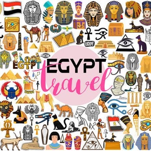 May include: A colorful collage of images related to Egypt, including pyramids, pharaohs, camels, and hieroglyphics. The text "EGYPT TRAVEL" is prominently displayed in the center of the image.
