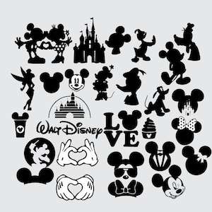 Könnte beinhalten: Ein schwarz-weißes digitales Designblatt mit verschiedenen Disney-Charakteren und -Symbolen, darunter Mickey Mouse, Minnie Mouse, Donald Duck, Goofy, Pluto und das berühmte Schloss von Aschenputtel. Das Blatt enthält auch die Wörter "WALT DISNEY" und "LOVE".
