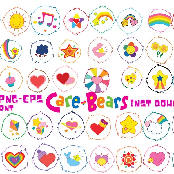 40 Care Bears Belly Badges Digital Files - Design Files - Cricut - SVG - Silhouette Cameo Care , wish funshine super love avector birthday